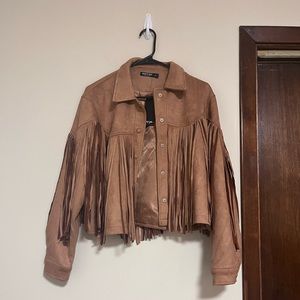 NWT Tan Fringe Faux Suede Cropped Jacket